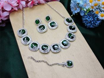 Green rhodium premium designer american diamond and stone work necklace set 2