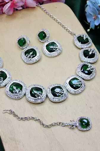Green rhodium premium designer american diamond and stone work necklace set