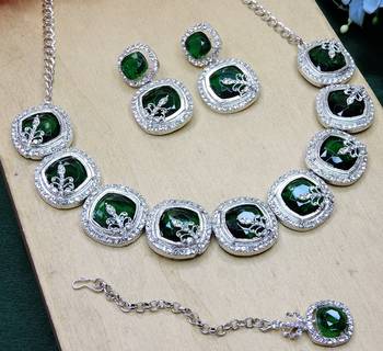 Green rhodium premium designer american diamond and stone work necklace set 3