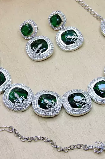 Green rhodium premium designer american diamond and stone work necklace set