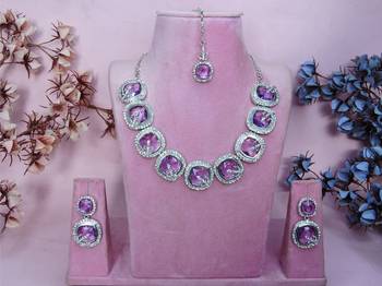 Purple rhodium premium designer american diamond and stone work necklace set 1
