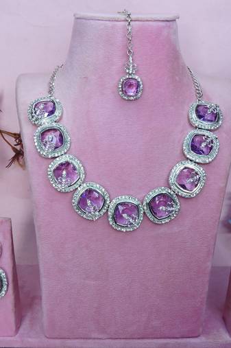 Purple rhodium premium designer american diamond and stone work necklace set