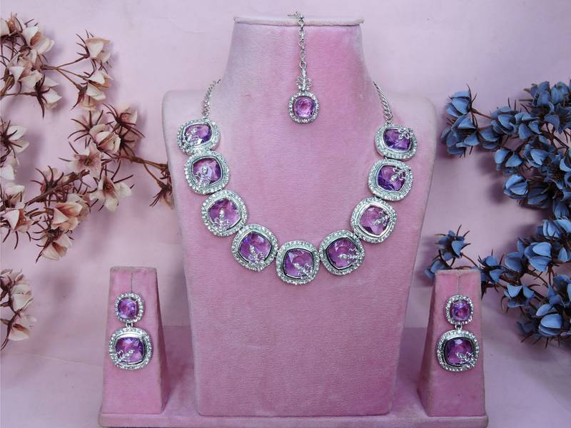 Purple rhodium premium designer american diamond and stone work necklace set