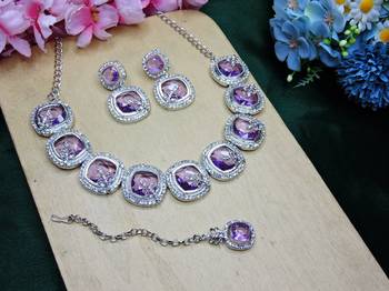 Purple rhodium premium designer american diamond and stone work necklace set 2