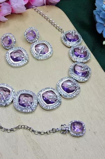 Purple rhodium premium designer american diamond and stone work necklace set