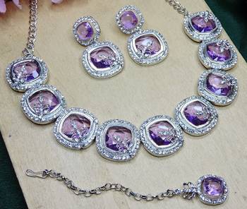 Purple rhodium premium designer american diamond and stone work necklace set 3