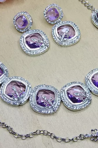 Purple rhodium premium designer american diamond and stone work necklace set