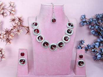 Maroon rhodium premium designer american diamond and stone work necklace set 1