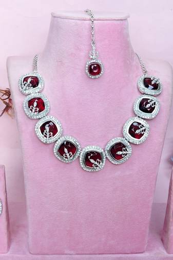Maroon rhodium premium designer american diamond and stone work necklace set