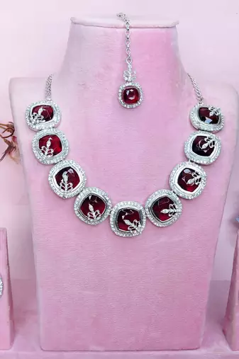 Maroon rhodium premium designer american diamond and stone work necklace set