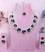 Maroon rhodium premium designer american diamond and stone work necklace set