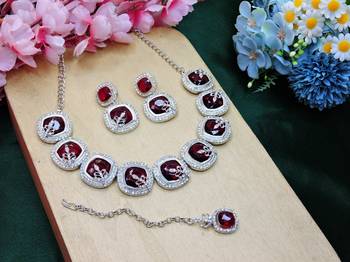 Maroon rhodium premium designer american diamond and stone work necklace set 2