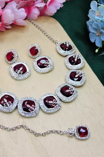 Maroon rhodium premium designer american diamond and stone work necklace set