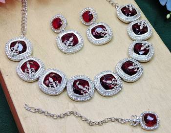 Maroon rhodium premium designer american diamond and stone work necklace set 3