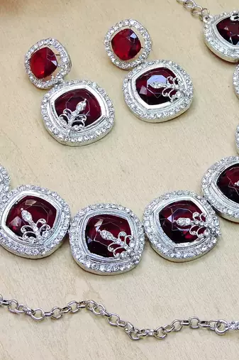 Maroon rhodium premium designer american diamond and stone work necklace set