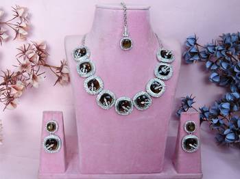 Green rhodium premium designer american diamond and stone work necklace set 1