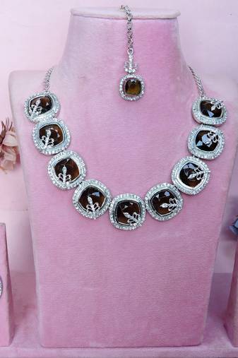 Green rhodium premium designer american diamond and stone work necklace set