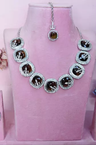 Green rhodium premium designer american diamond and stone work necklace set