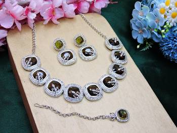 Green rhodium premium designer american diamond and stone work necklace set 2