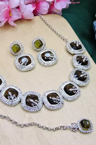 Green rhodium premium designer american diamond and stone work necklace set