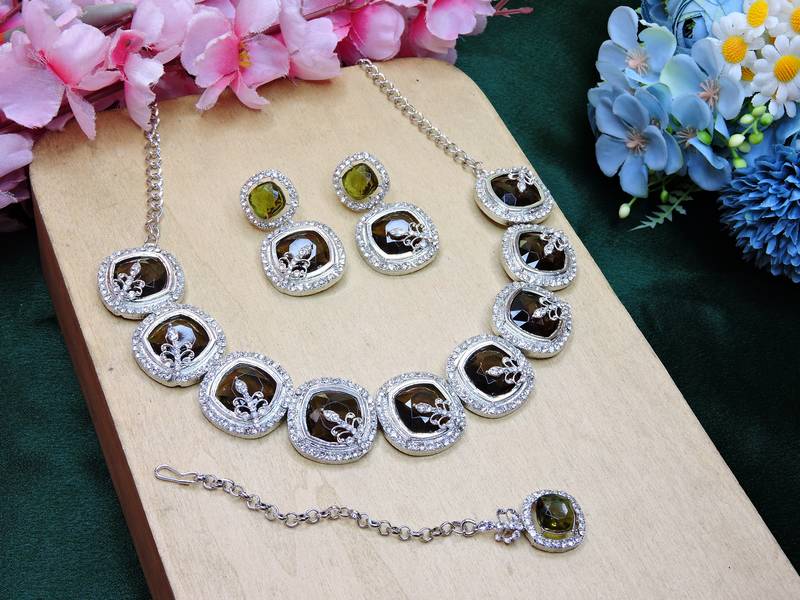 Green rhodium premium designer american diamond and stone work necklace set