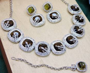 Green rhodium premium designer american diamond and stone work necklace set 3