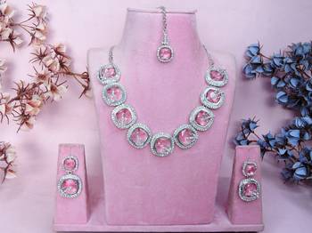 Pink rhodium premium designer american diamond and stone work necklace set 1