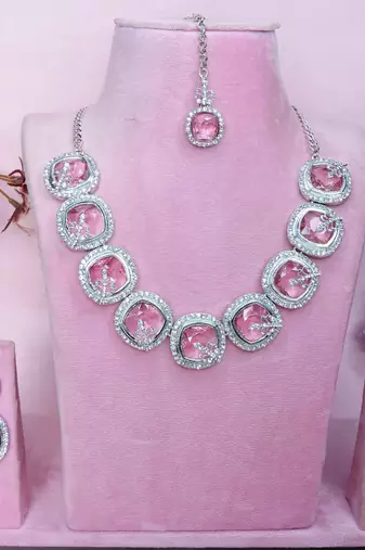 Pink rhodium premium designer american diamond and stone work necklace set