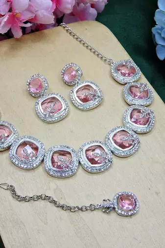 Pink rhodium premium designer american diamond and stone work necklace set