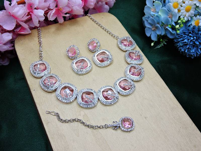 Pink rhodium premium designer american diamond and stone work necklace set