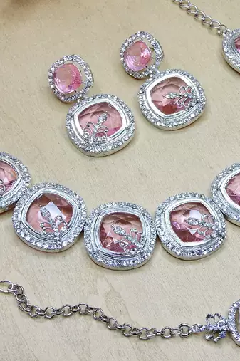 Pink rhodium premium designer american diamond and stone work necklace set