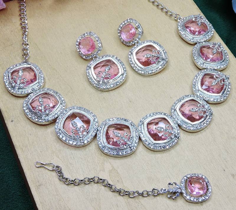 Pink rhodium premium designer american diamond and stone work necklace set