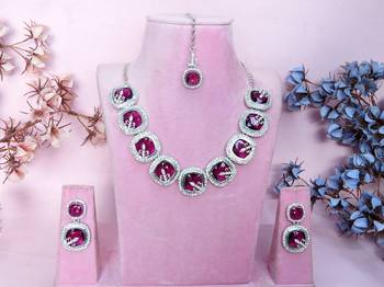 Purple rhodium premium designer american diamond and stone work necklace set 1
