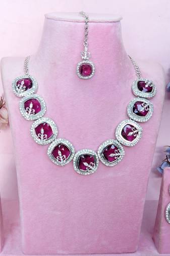 Purple rhodium premium designer american diamond and stone work necklace set
