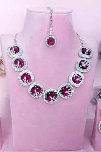 Purple rhodium premium designer american diamond and stone work necklace set