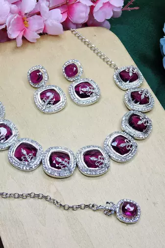 Purple rhodium premium designer american diamond and stone work necklace set