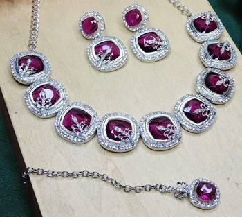 Purple rhodium premium designer american diamond and stone work necklace set 3