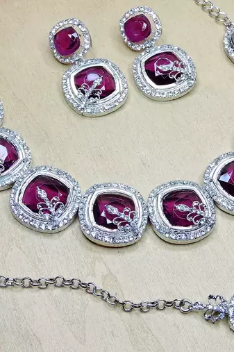Purple rhodium premium designer american diamond and stone work necklace set