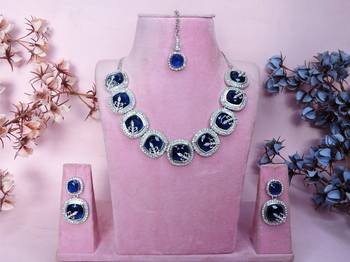 Blue rhodium premium designer american diamond and stone work necklace set 1