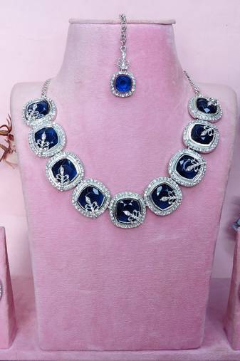 Blue rhodium premium designer american diamond and stone work necklace set