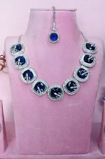 Blue rhodium premium designer american diamond and stone work necklace set