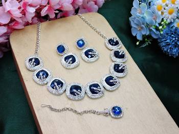 Blue rhodium premium designer american diamond and stone work necklace set 2