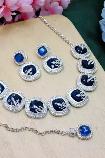 Blue rhodium premium designer american diamond and stone work necklace set