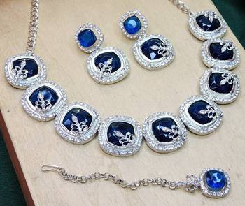 Blue rhodium premium designer american diamond and stone work necklace set 3