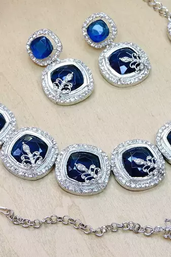Blue rhodium premium designer american diamond and stone work necklace set