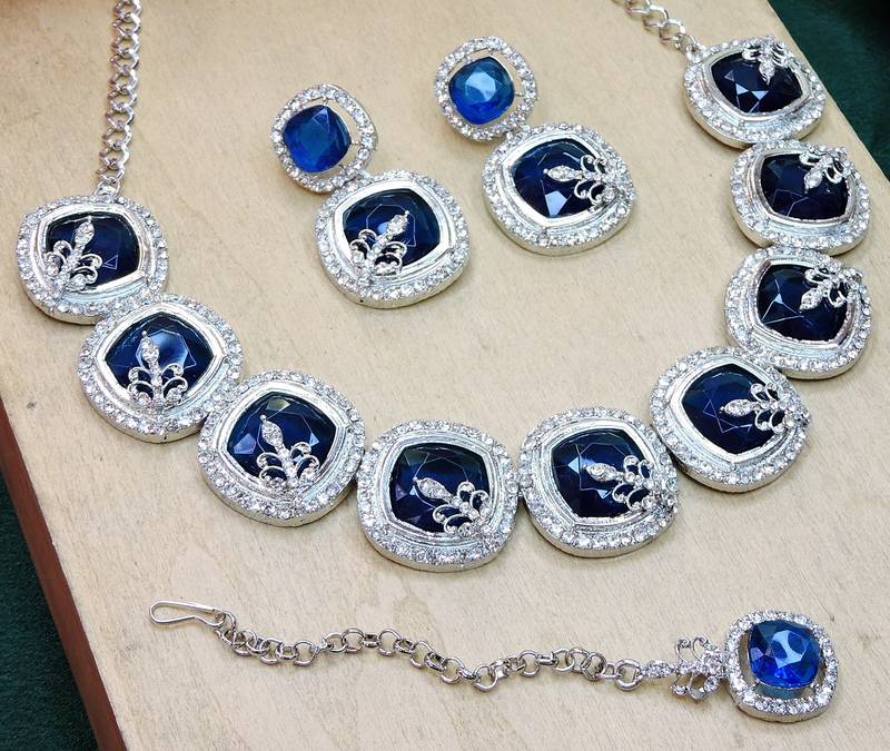Blue rhodium premium designer american diamond and stone work necklace set
