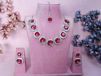Pink rhodium premium designer american diamond and stone work necklace set 1