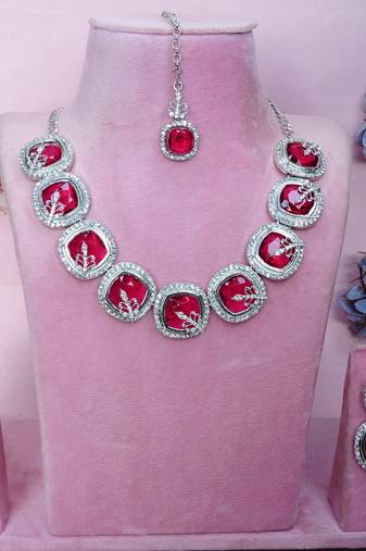 Pink rhodium premium designer american diamond and stone work necklace set