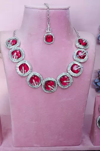 Pink rhodium premium designer american diamond and stone work necklace set