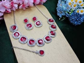 Pink rhodium premium designer american diamond and stone work necklace set 2